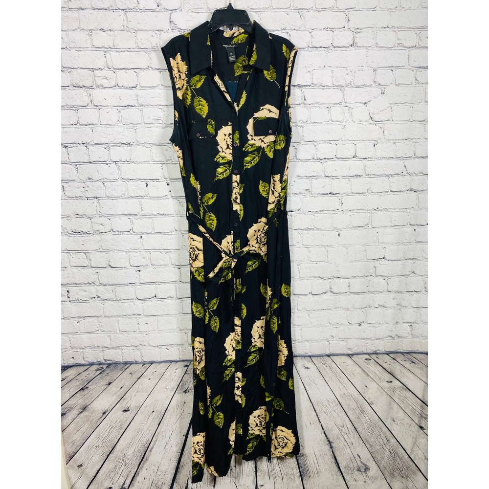 Millenium Dress Womens 2X Floral Shirt Dress Black Rose Sleeveless Maxi Exc